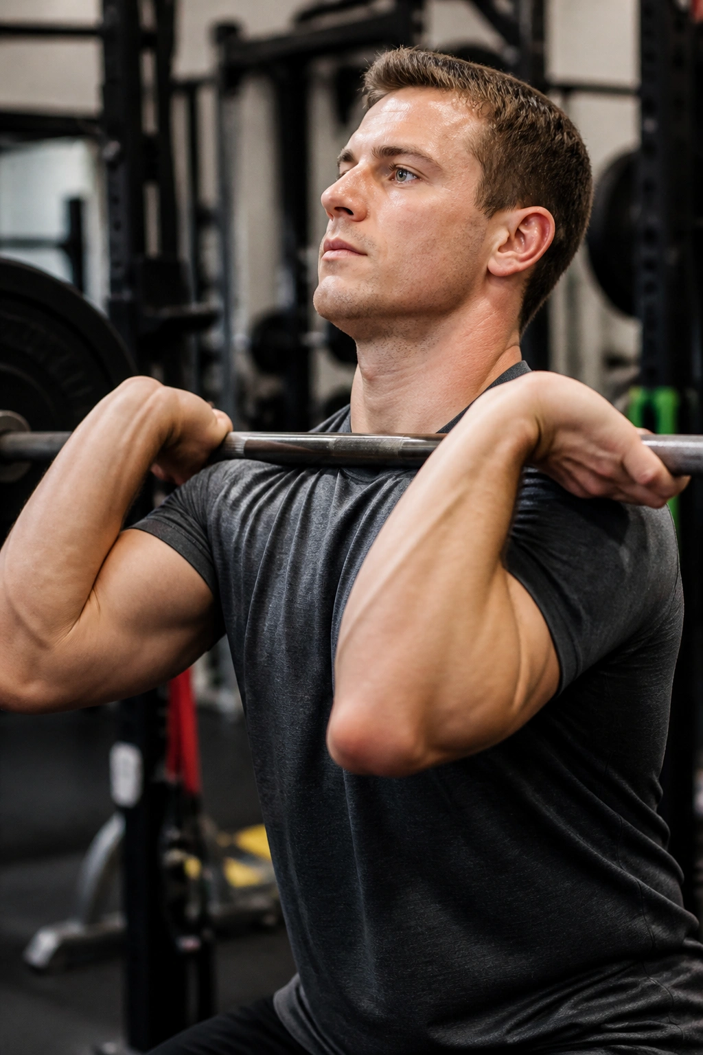 Lifter performing Front Squat with elbows high and bar on front delts in gym