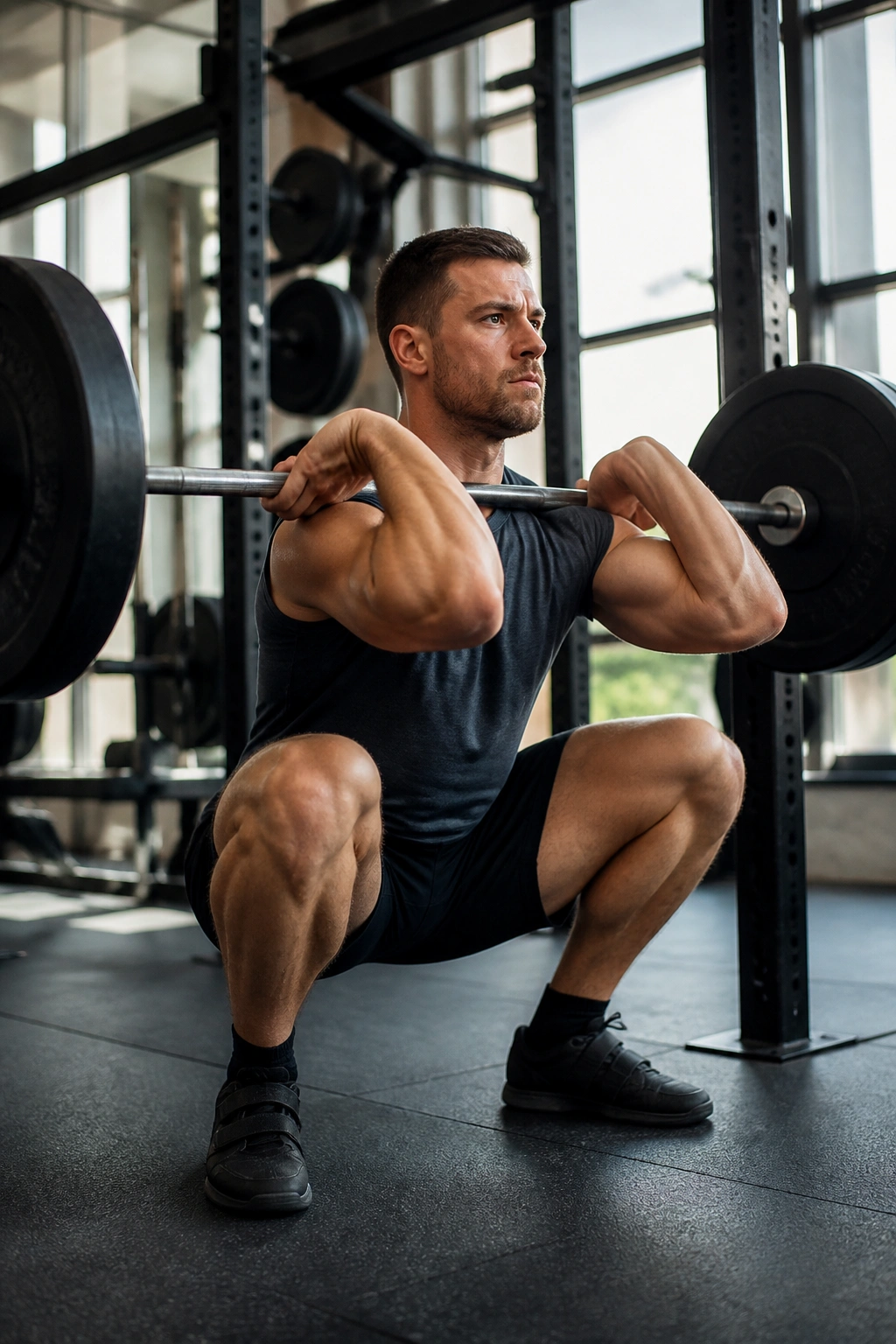 Athlete performing front squat in gym