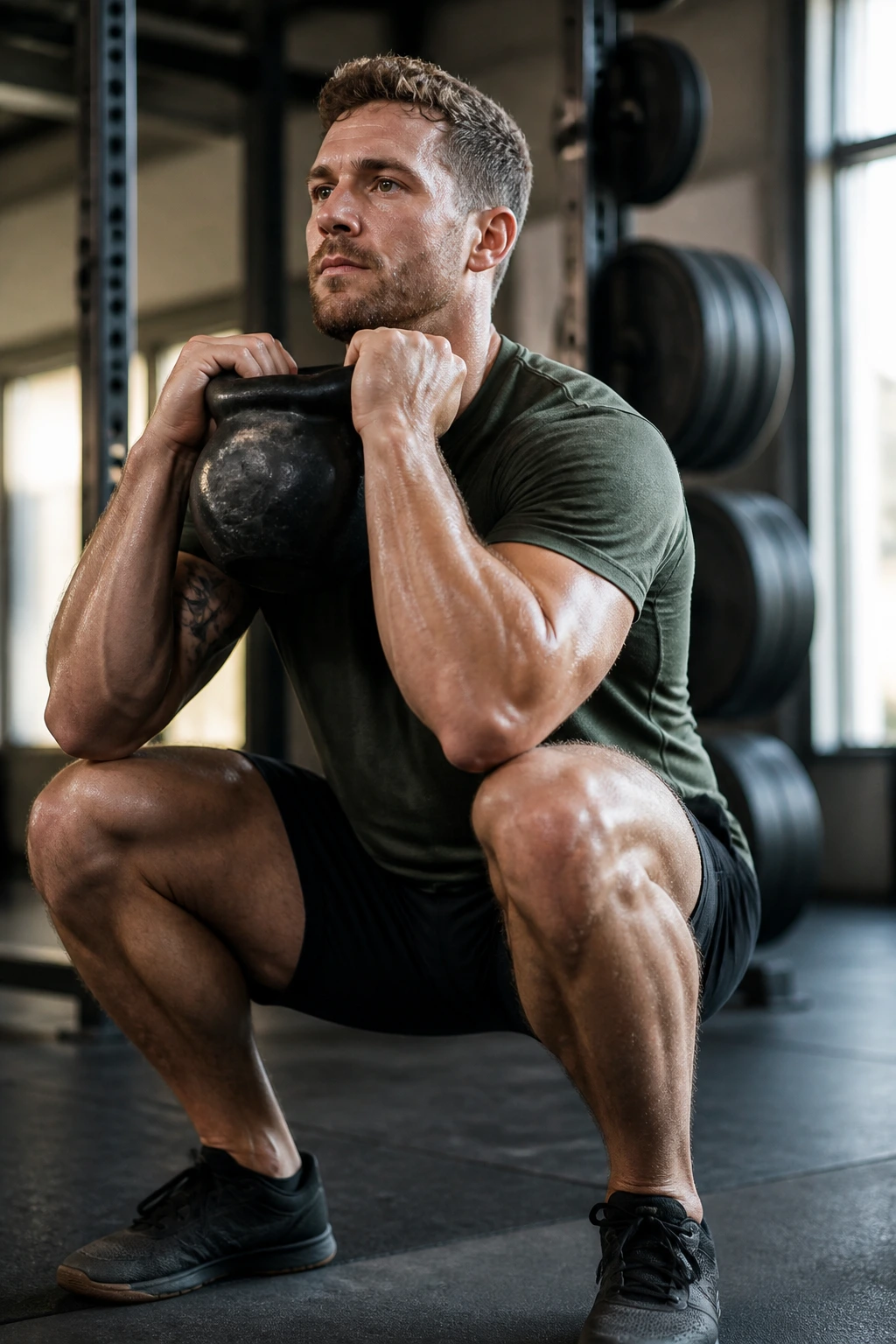 Close-up of lifter in kettlebell front squat front rack in gym