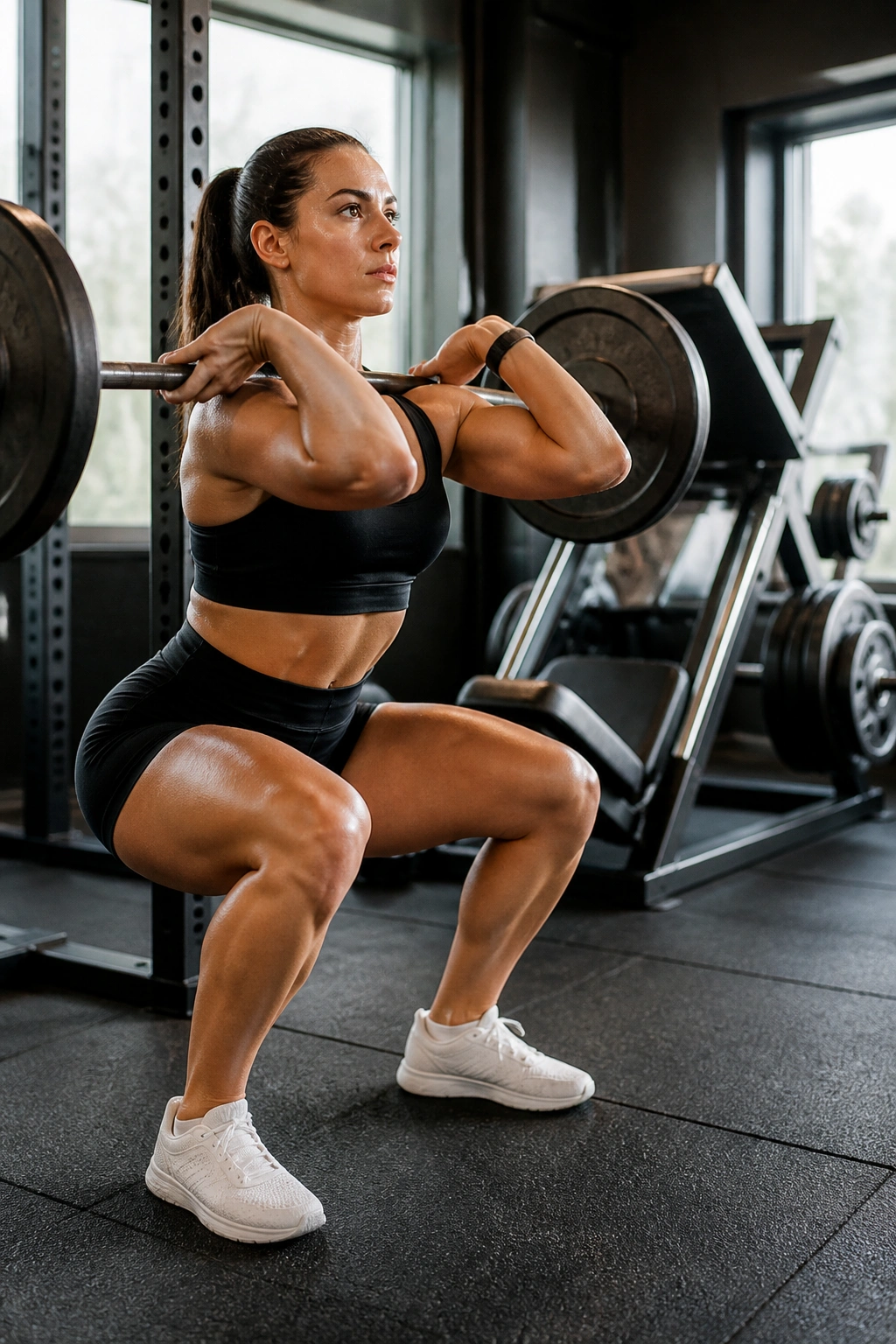 Close-up of a lifter performing a front squat highlighting quad engagement in a gym