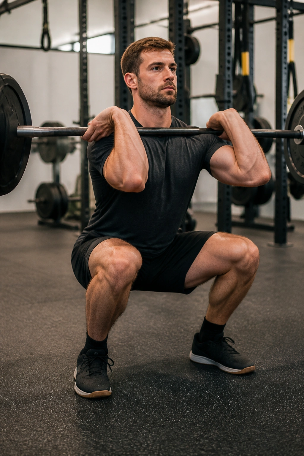 Athlete performing front squat with barbell in a gym