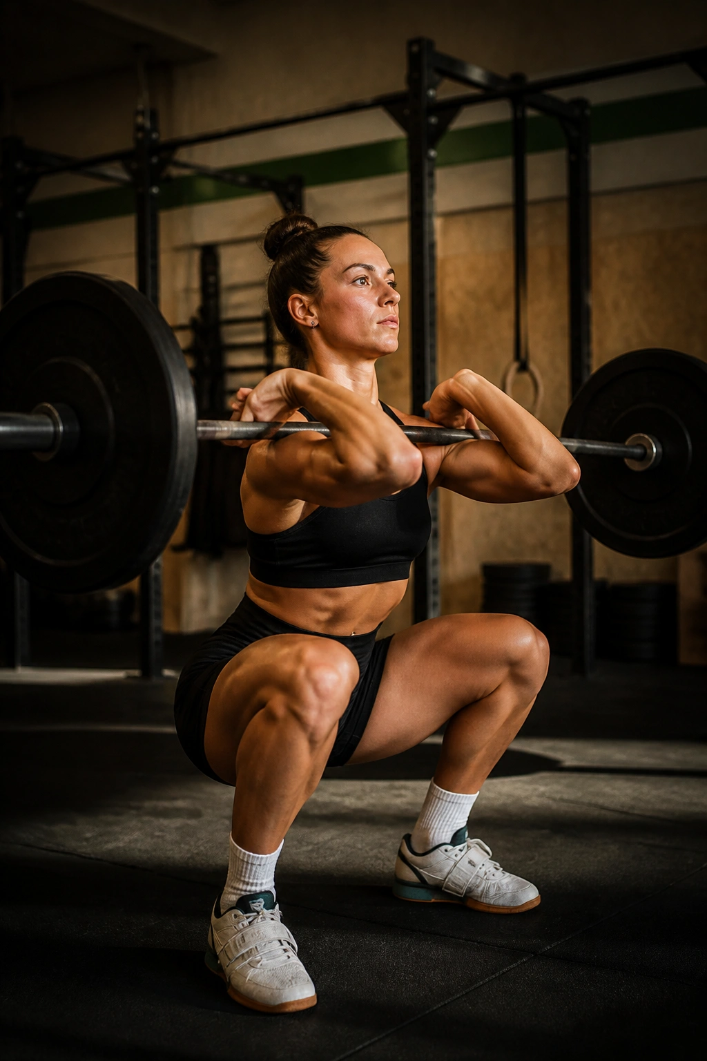 Athlete in front squat rack position in gym