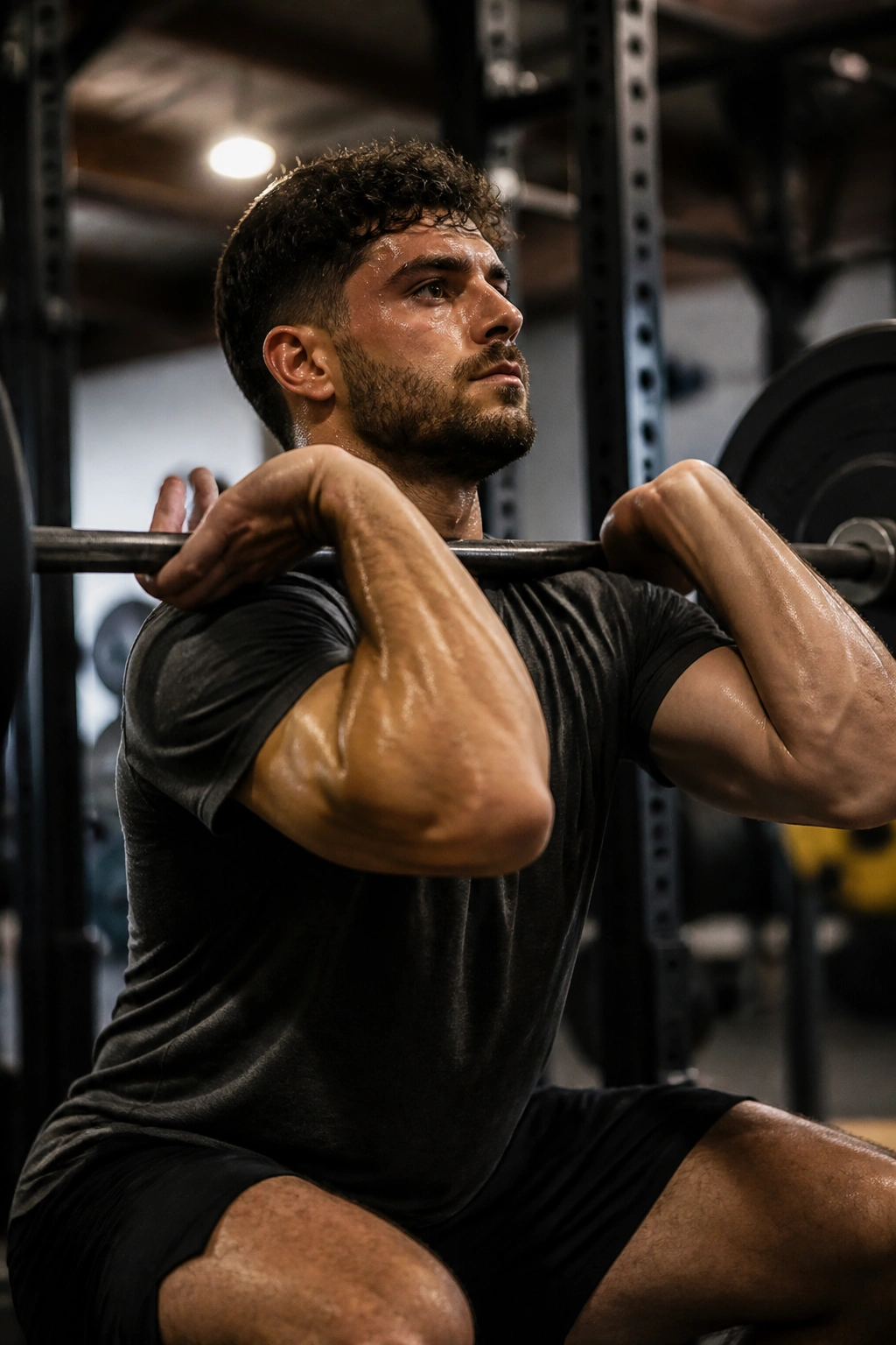 Person performing a front squat with barbell in a gym
