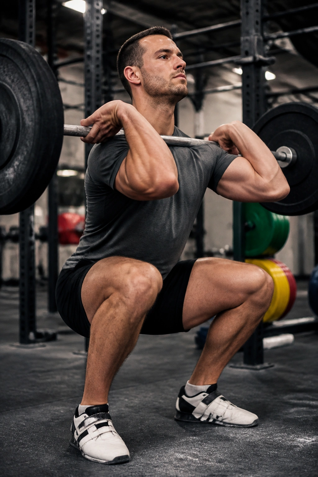 Close-up of lifter performing a front squat with bar on front delts in a gym