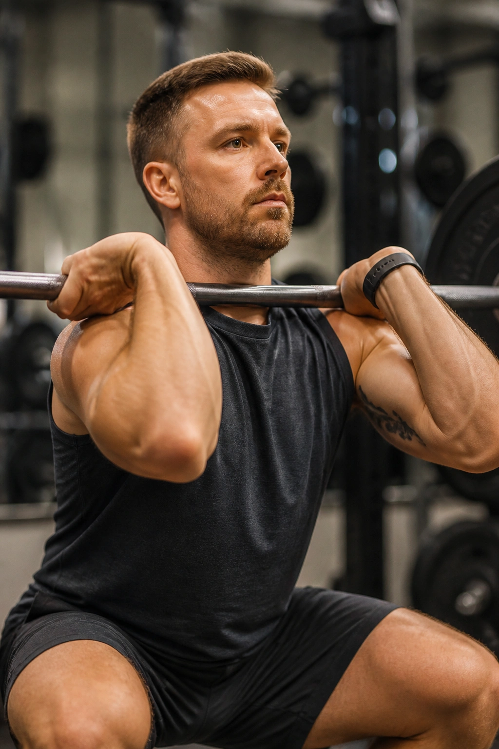 Close-up of lifter performing a front squat focusing on quads with bar in front rack.