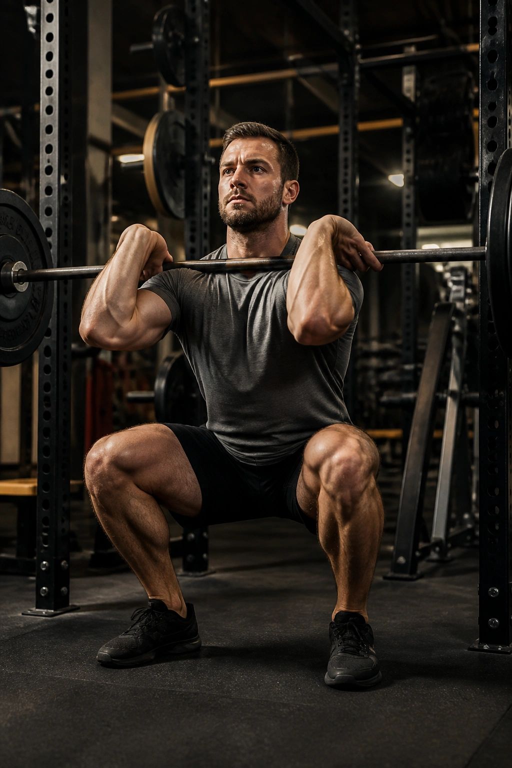 Lifter in front rack position performing front squat in gym