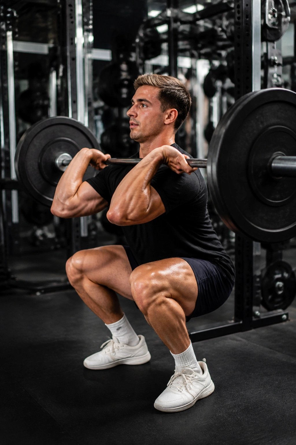 Person performing a front squat highlighting quad engagement