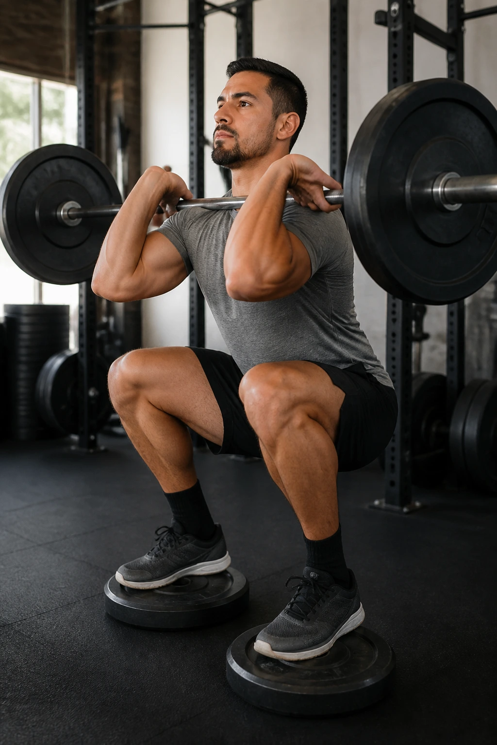 Mid-shot of front squat emphasizing quadriceps with front-loaded load