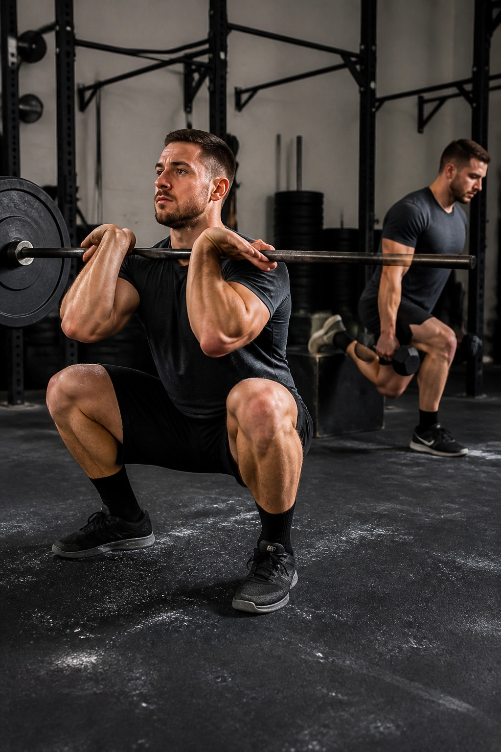 Lifter performing front squat with Bulgarian split squat in background