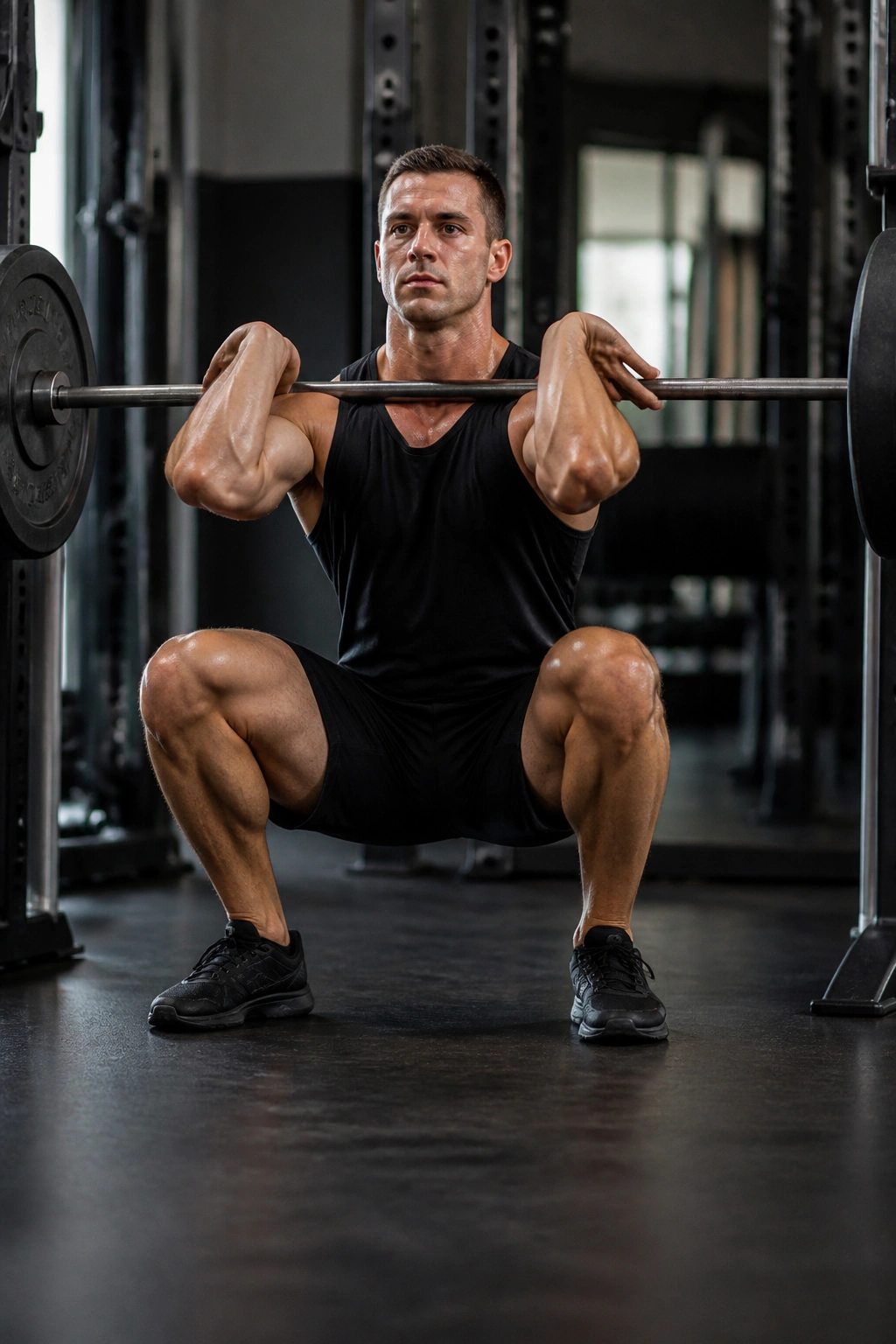 Athlete performing a front squat with barbell in a gym.