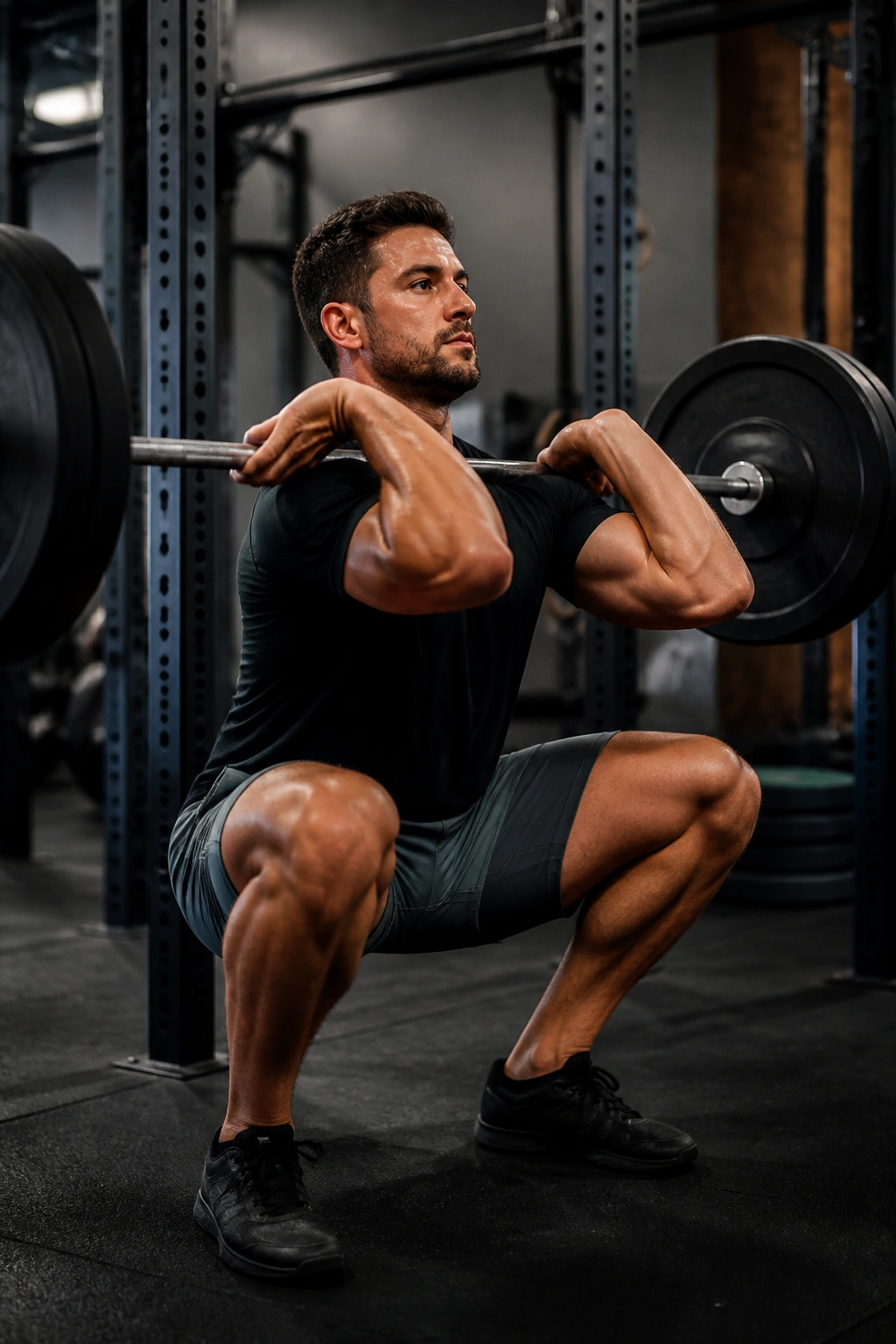 Lifter performing front squats with barbell on the front racks in a gym