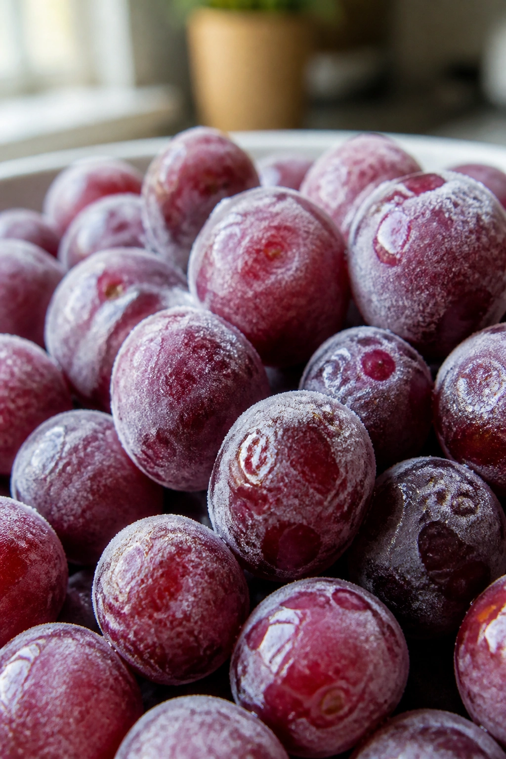 Close-up of icy frozen grapes filling the frame on a wooden kitchen counter
