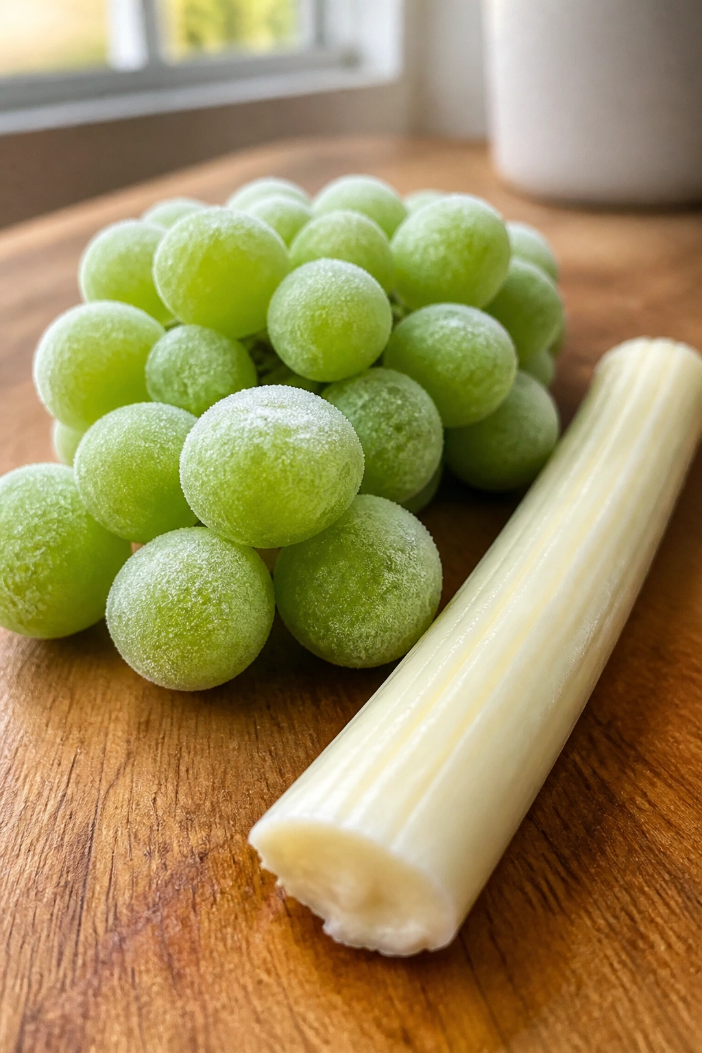 Close-up of frozen grapes and a string cheese stick on a wooden cutting board in a warm kitchen
