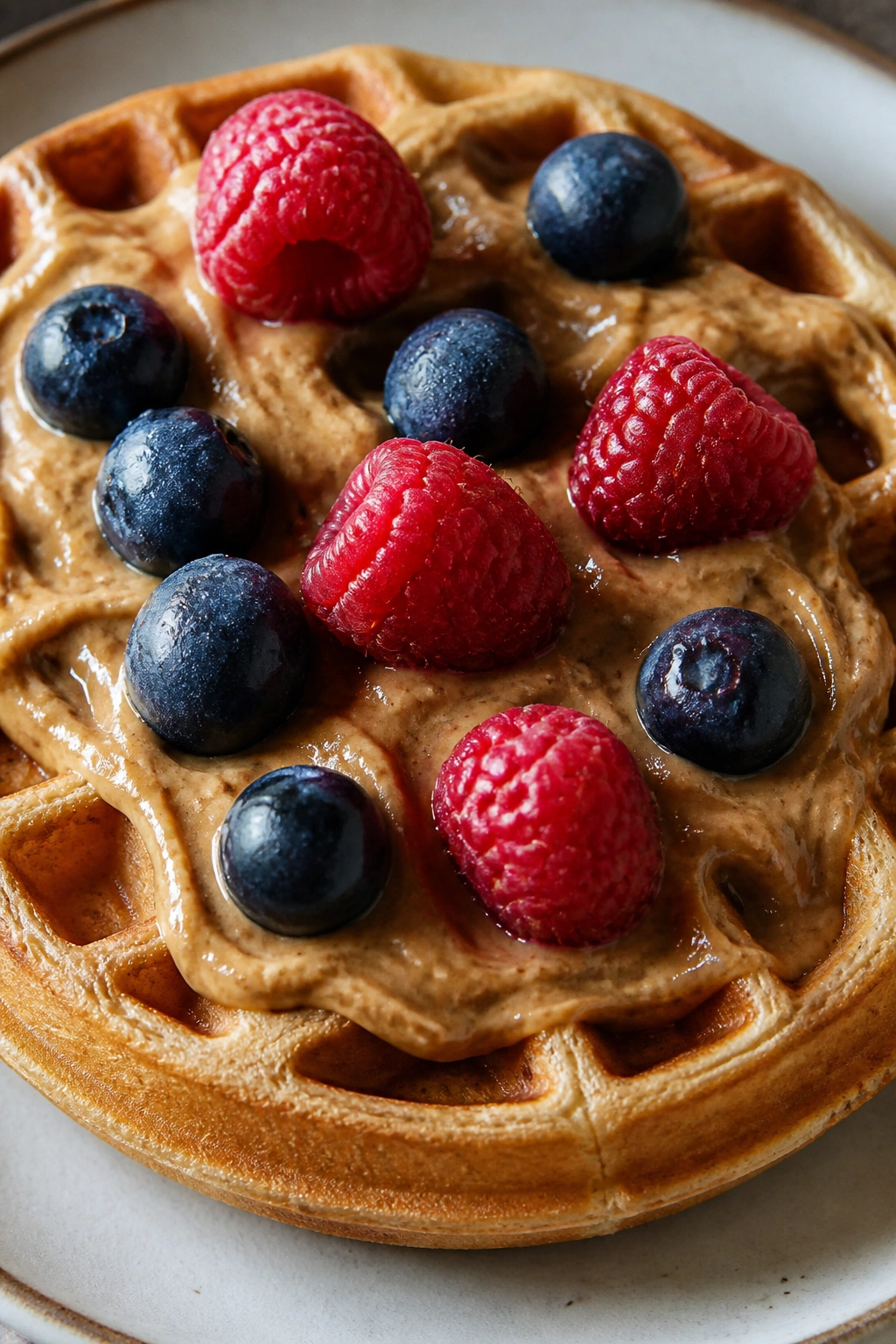 Waffle with nut butter and berries on a plate