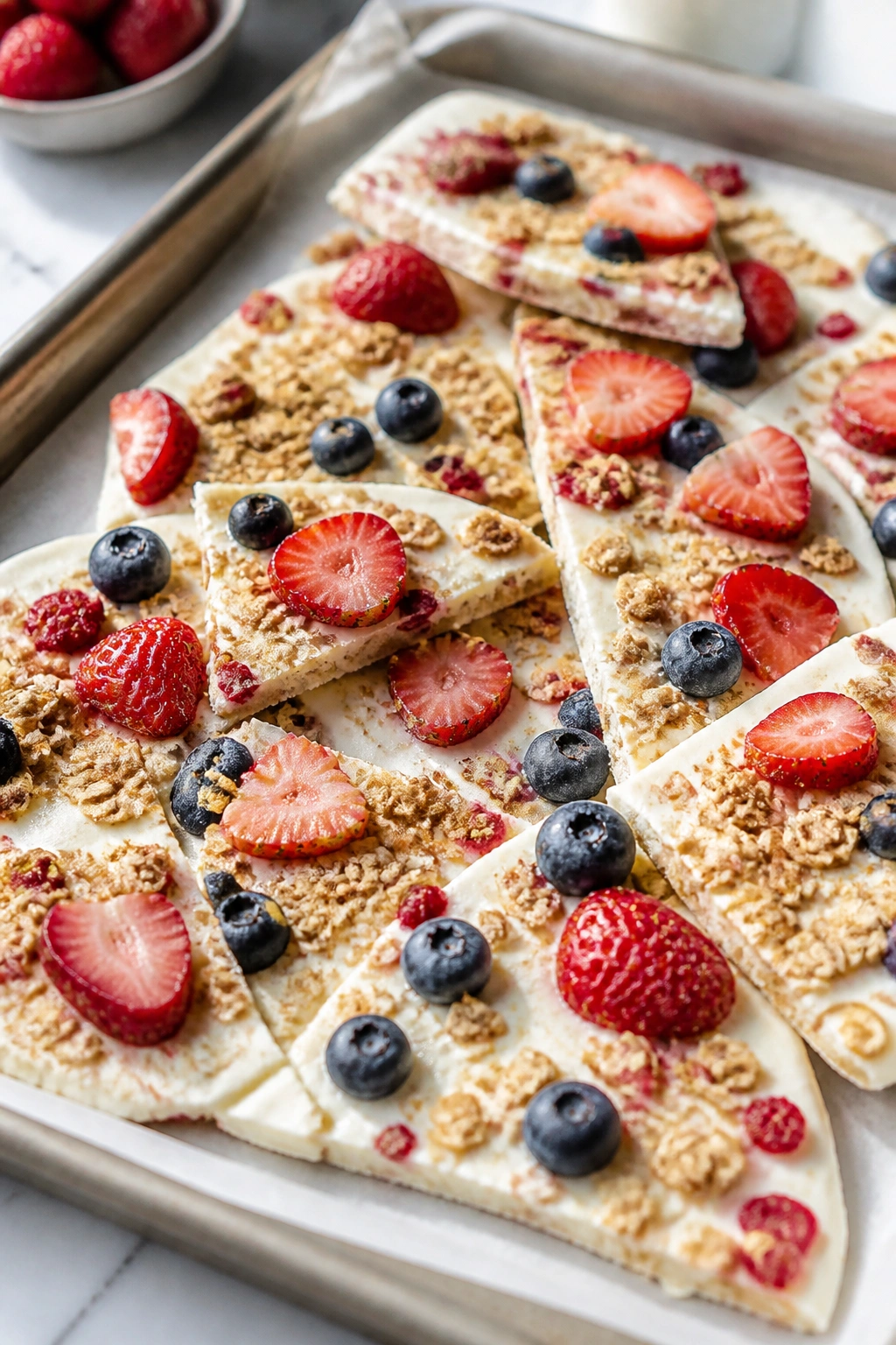 Frozen yogurt bark shards on parchment paper