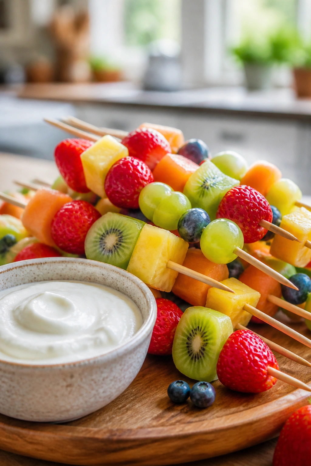 Colorful fruit skewers with yogurt dip on a wooden platter