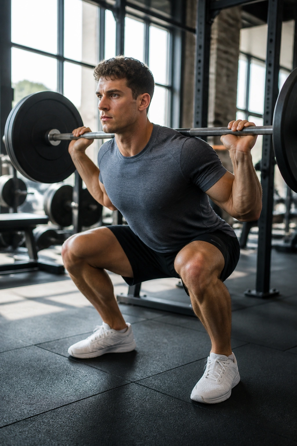 Real person performing barbell squat in gym, mid-frame with full-body movement