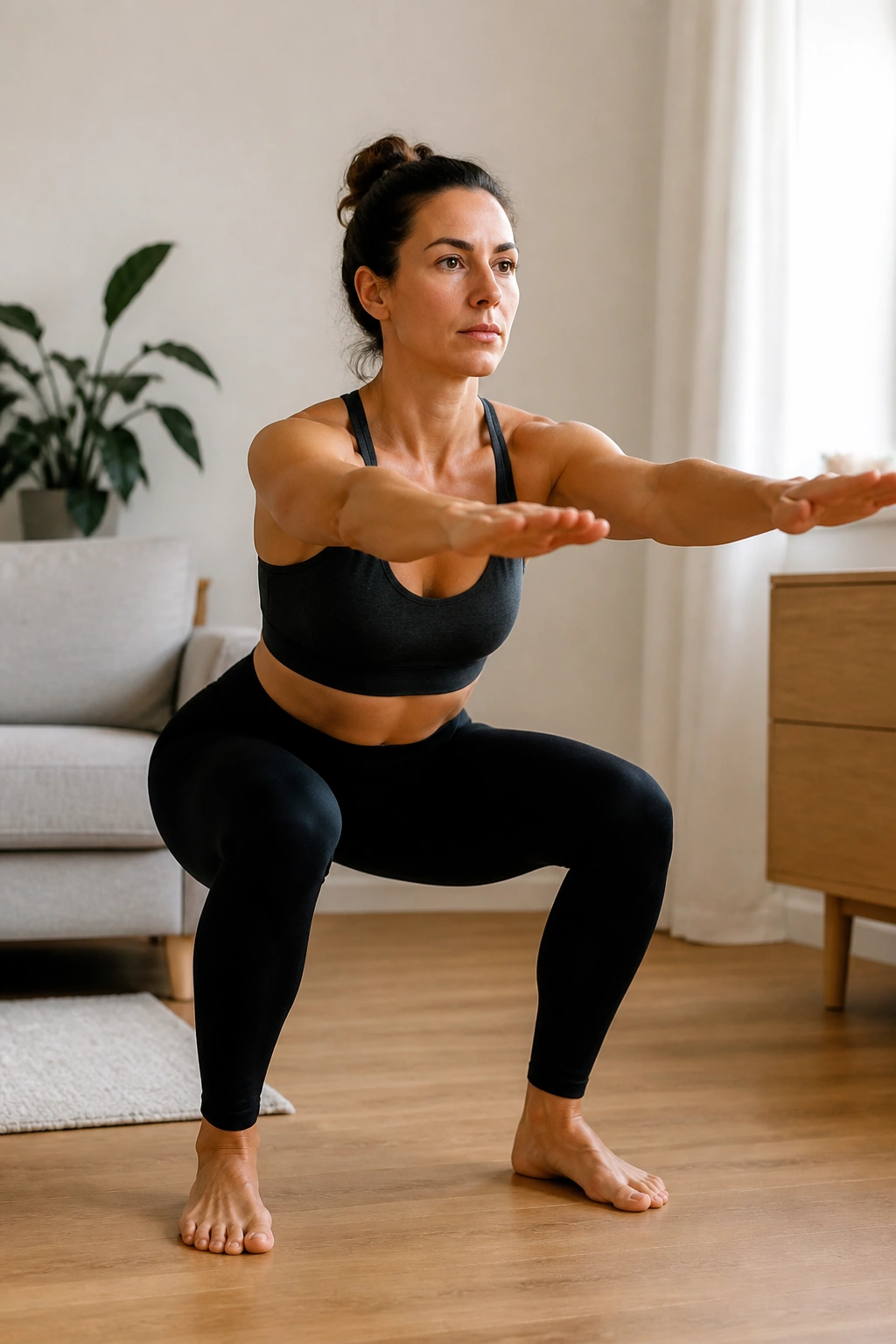 Person performing a bodyweight squat in home environment for low-energy circuit.