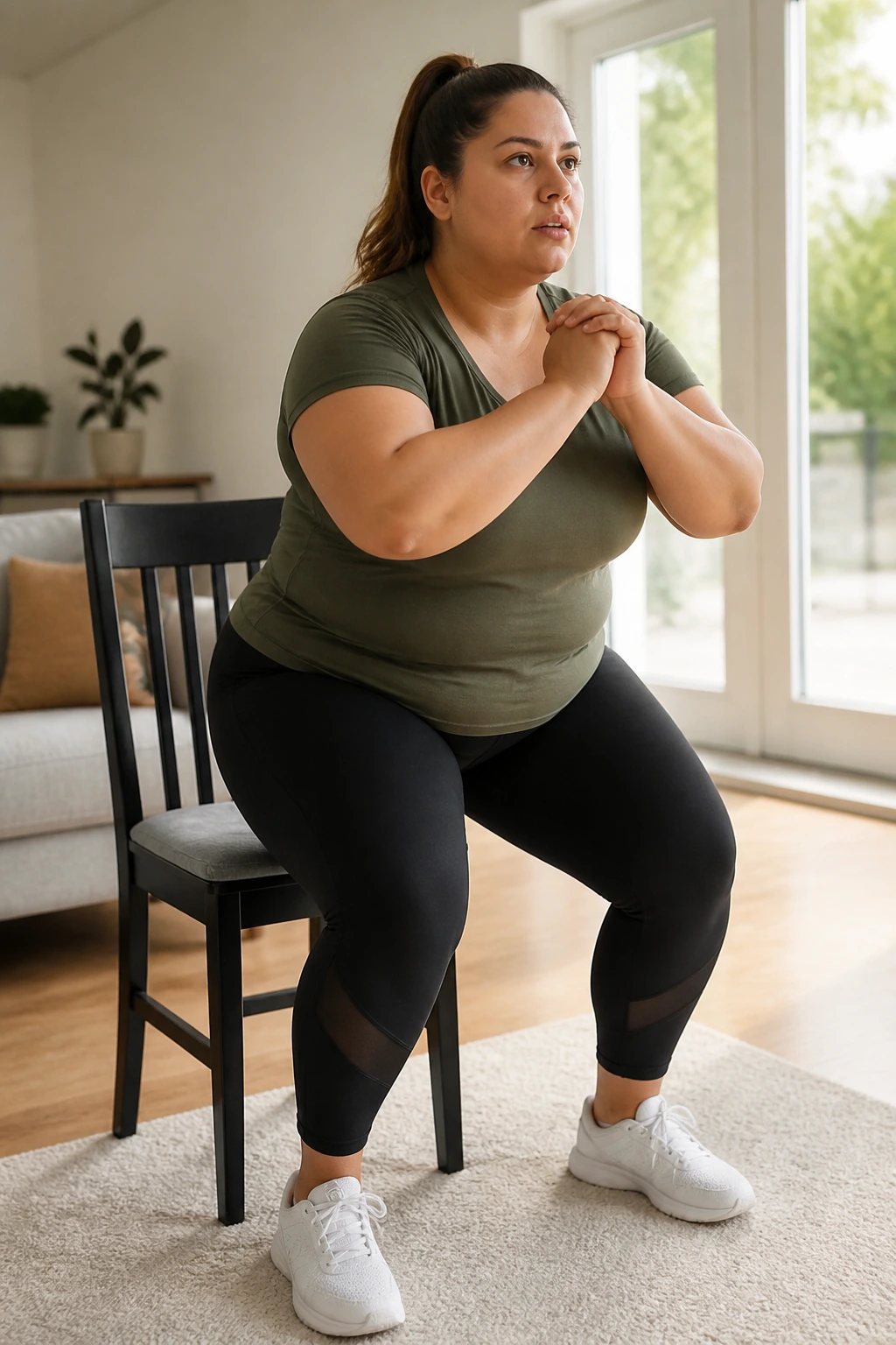 Real woman performing chair sit-to-stand in a bright living room for a full-body circuit