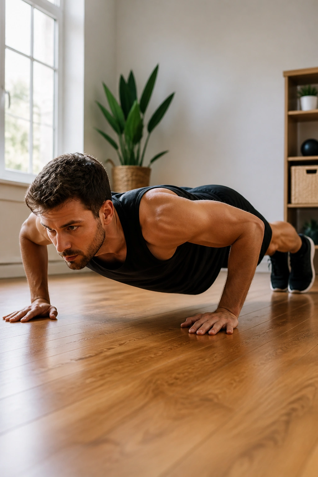 Person performing a push-up in a bright home gym setting