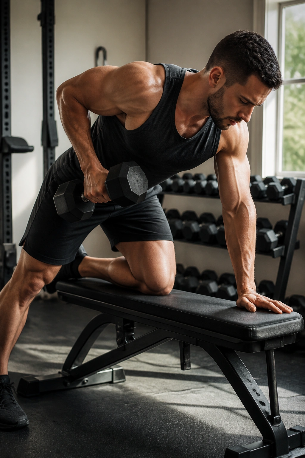 Real person performing a one-arm dumbbell row on a bench in a compact home gym