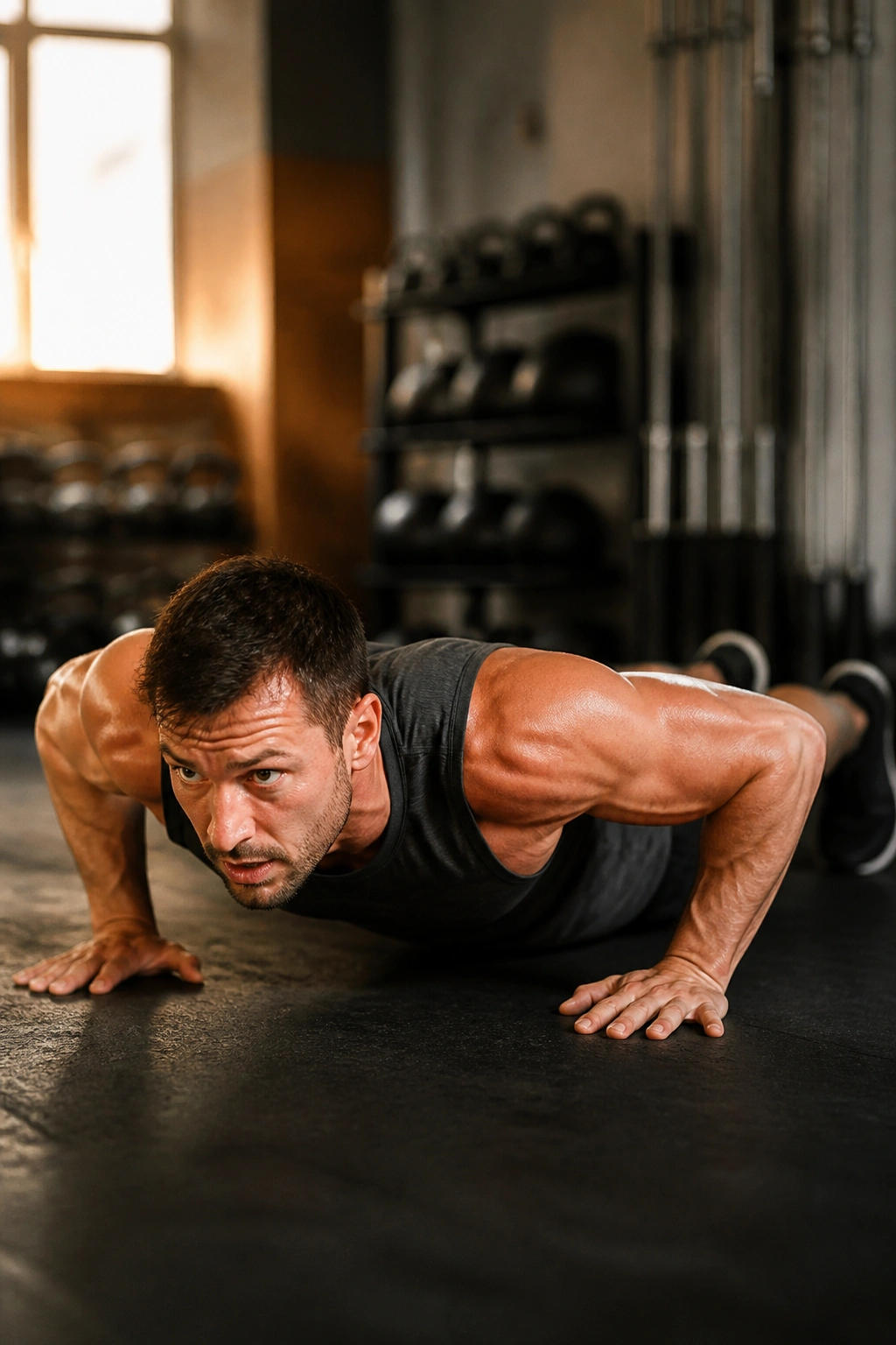 Close-up of a fit person mid-burpee in a gym, representing Full-Body EMOM.