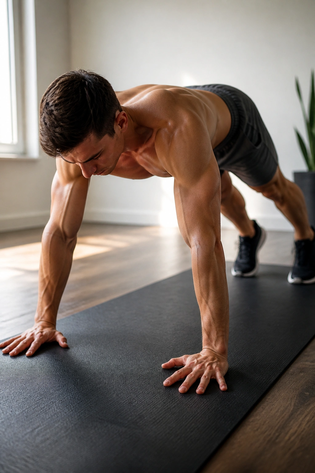 Medium shot of person performing walkout push-up transition during a full-body finisher at home