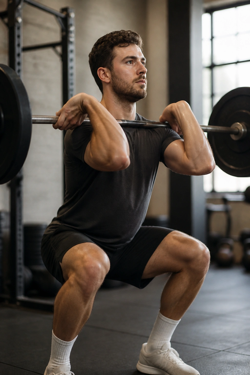 Real person performing front squat in gym, full-body plan concept