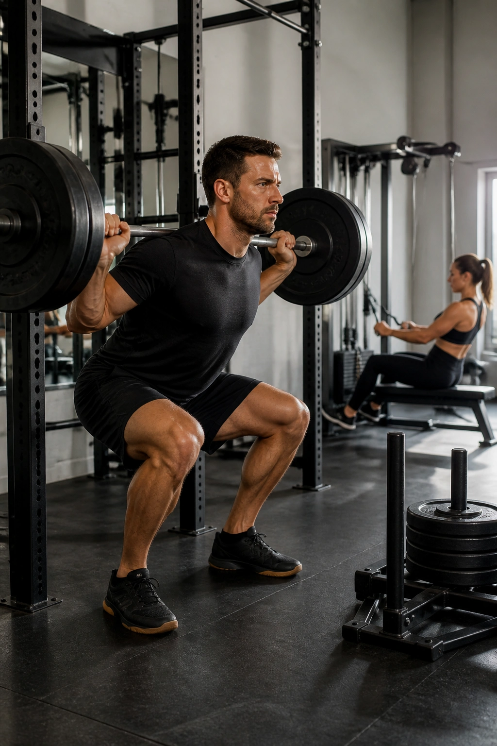 Real person performing a full-body gym day exercise with squat and equipment visible