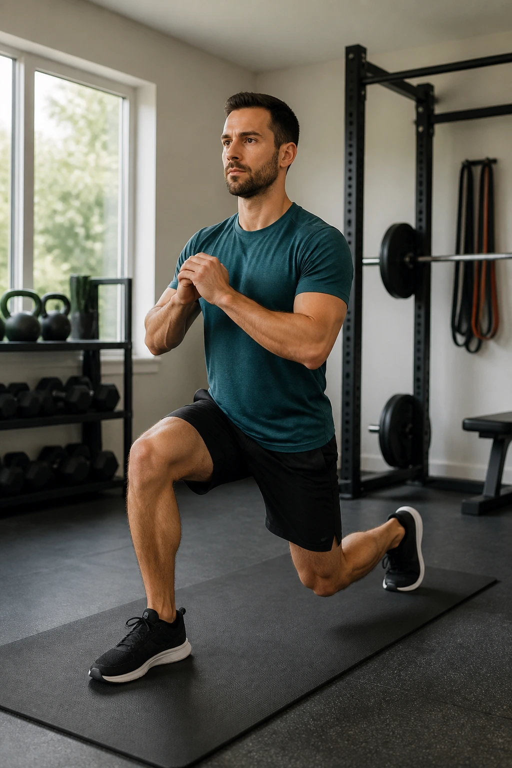 Mid-shot of person performing alternating lunges in a home gym