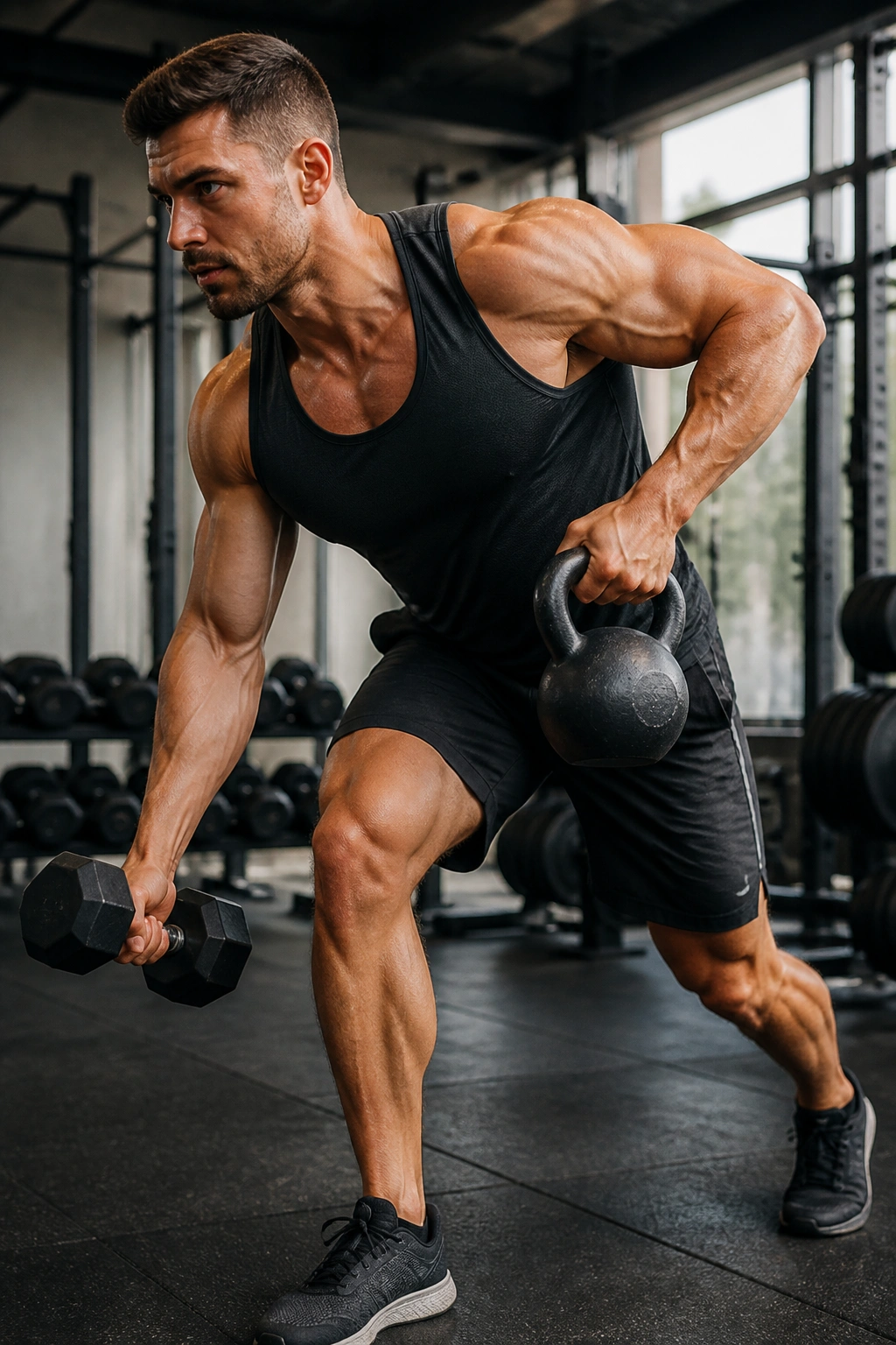 Close-up of real athlete performing full-body split circuit in gym, emphasizing multiple muscle groups.