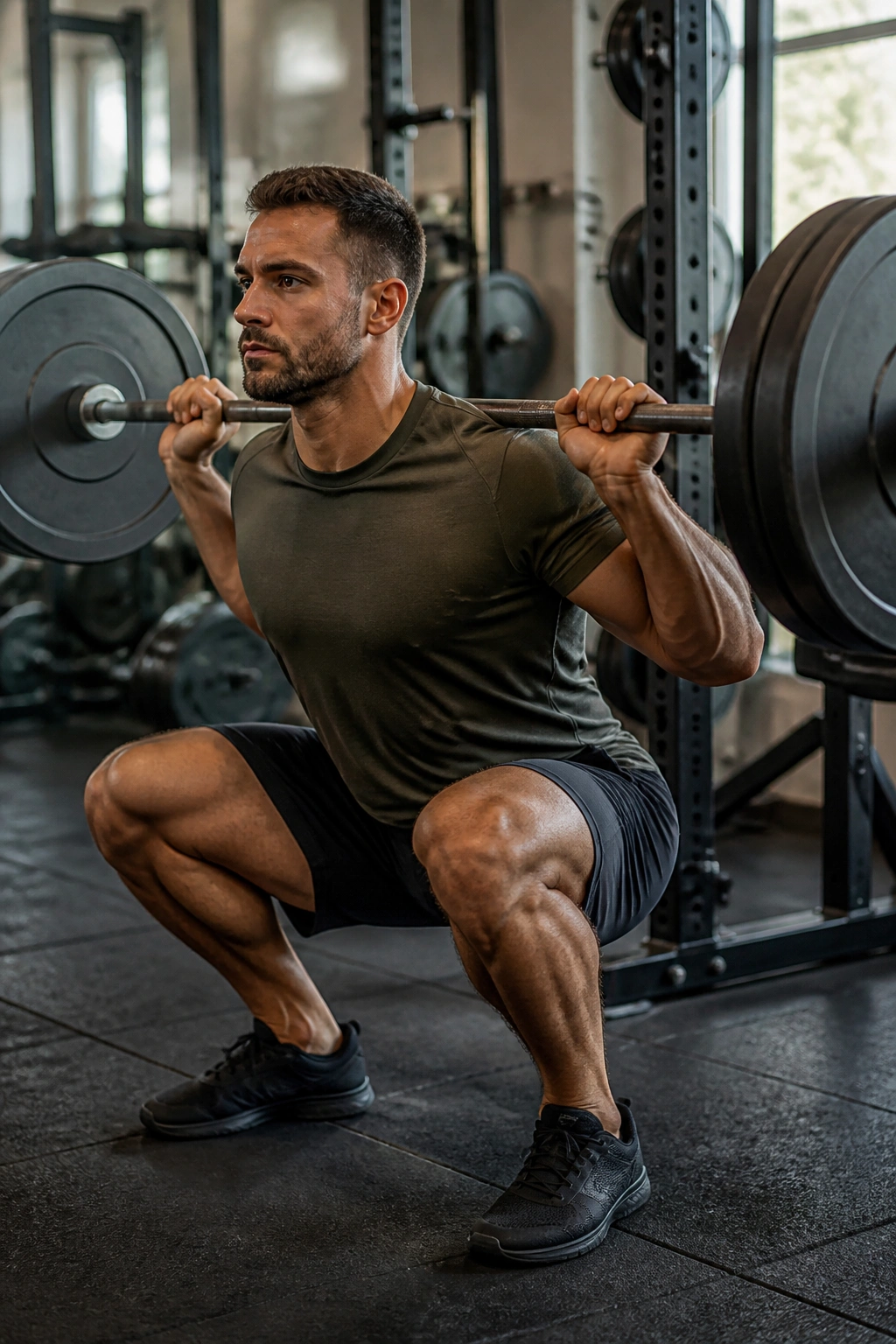 Lifter performing barbell squat in a gym with weight plates visible