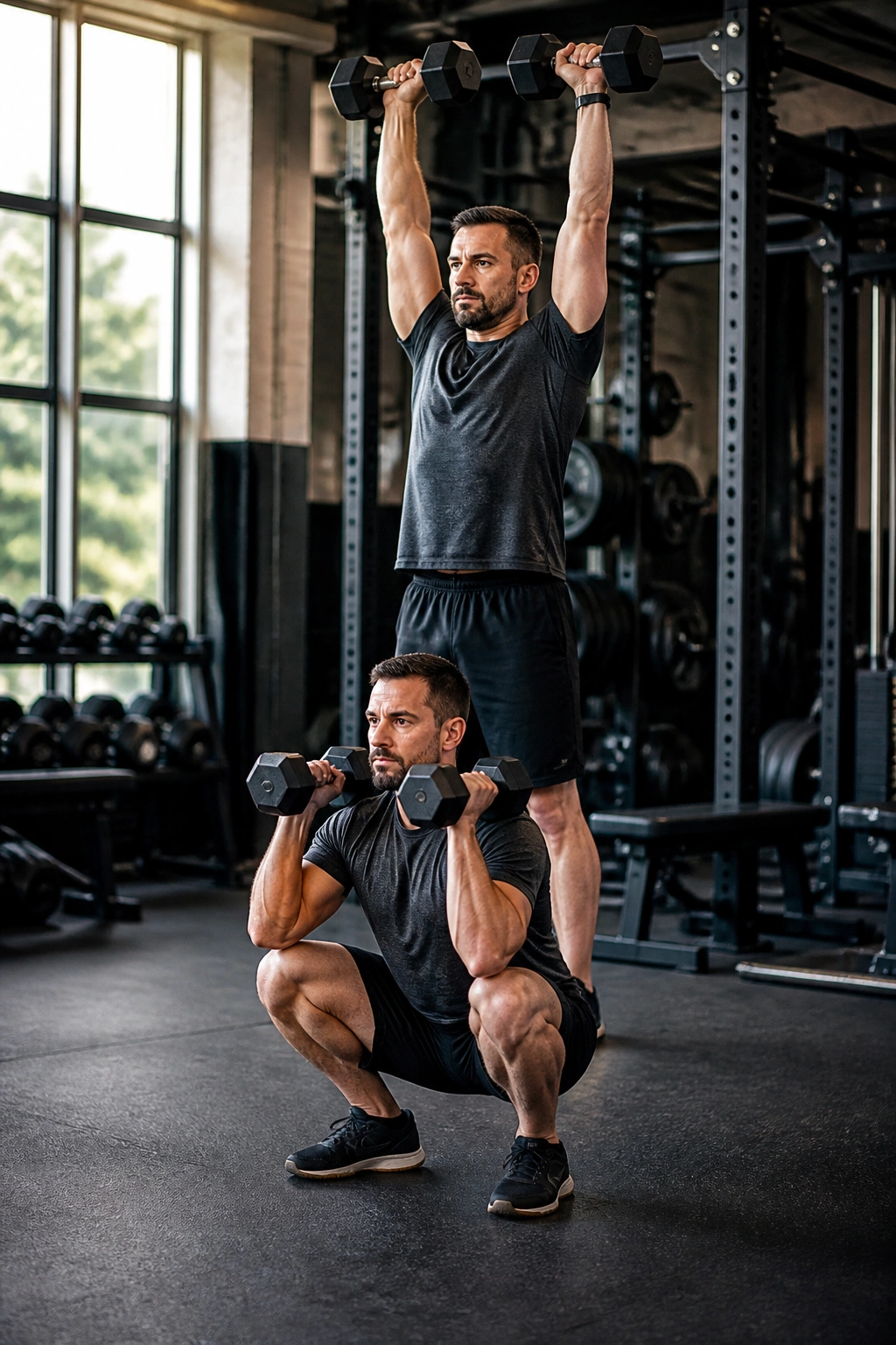 Real person performing a compound full-body movement in a gym.