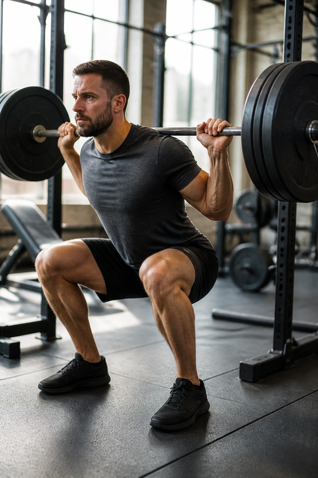 Lifter performing a squat in a gym for full-body three-day plan