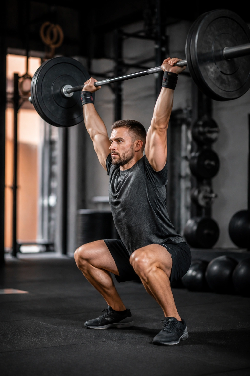 Athlete performing a thruster in gym showing full-body engagement.