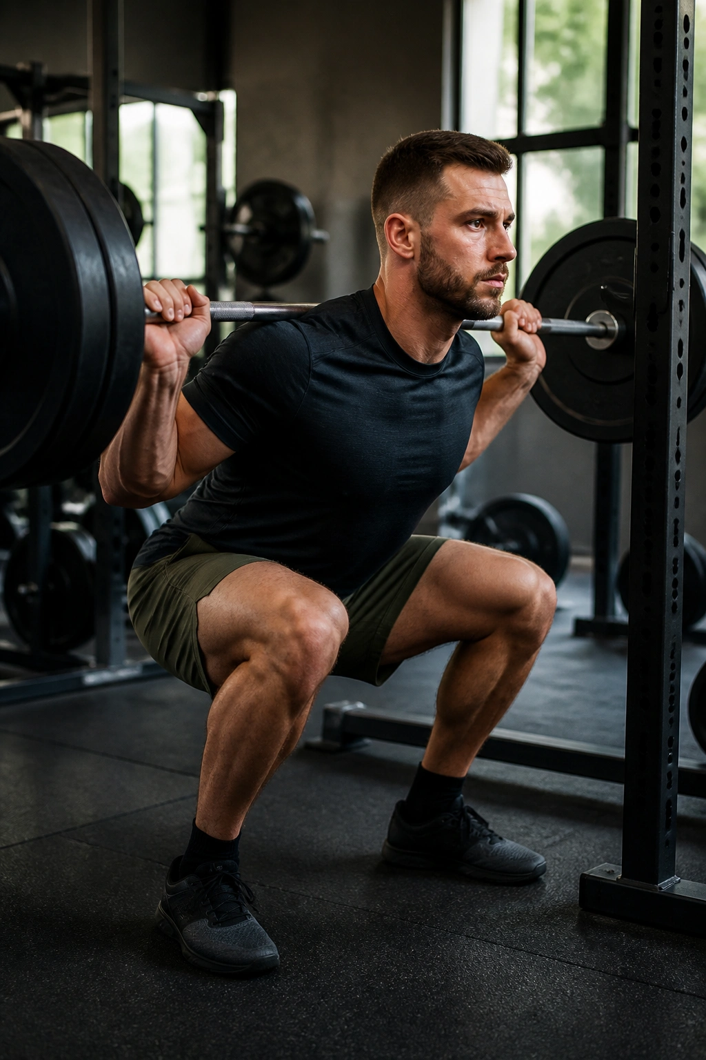 Medium close-up of a lifter performing a squat in a gym, representing Full-Body Three-Day Training.