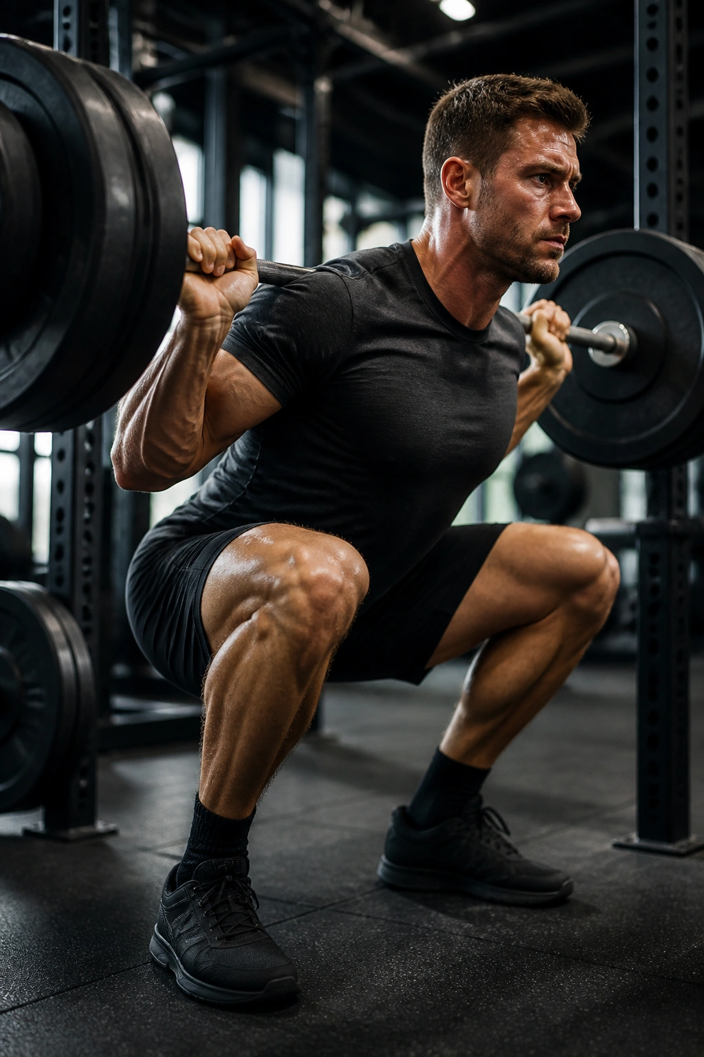 Close-up of a lifter performing a barbell squat in a gym