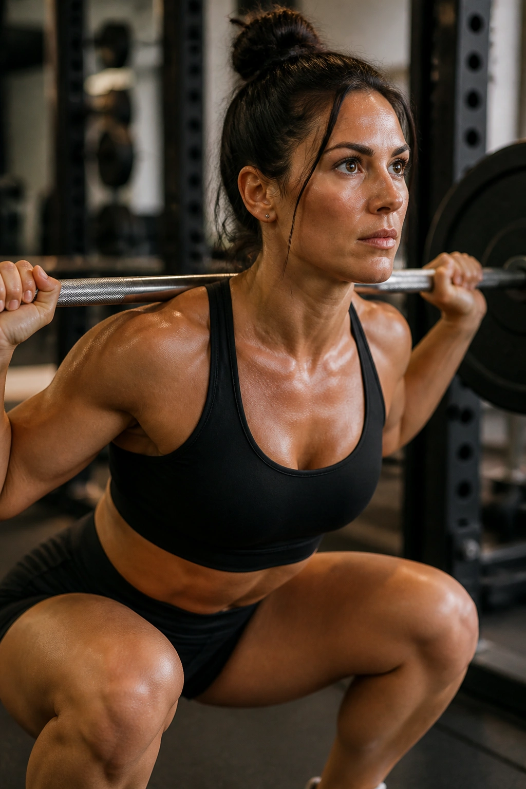 Portrait of a real woman performing a barbell back squat in a gym, filling the frame