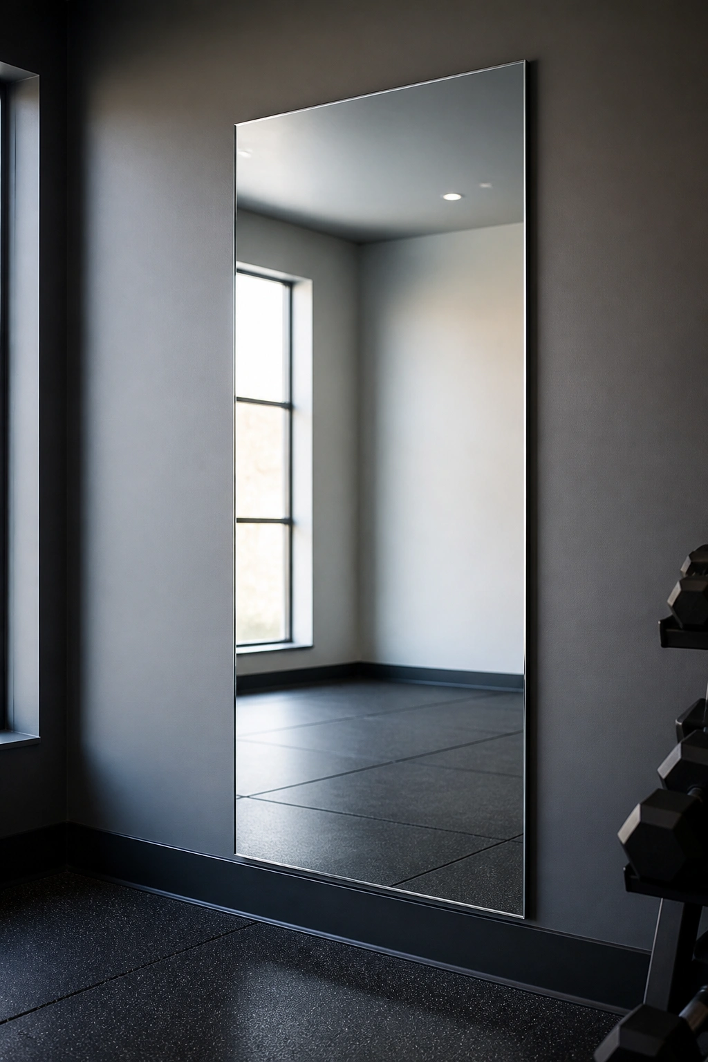 Full-length mirror mounted on a gym wall