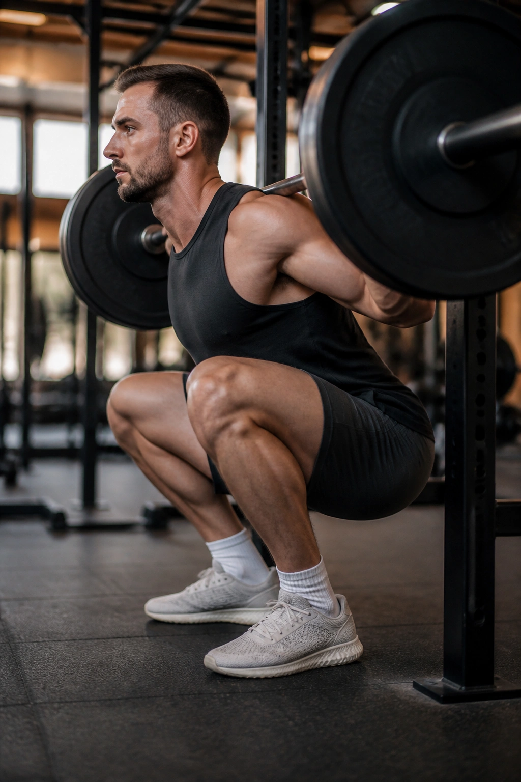 Lifter performing a deep squat with full range of motion in a gym