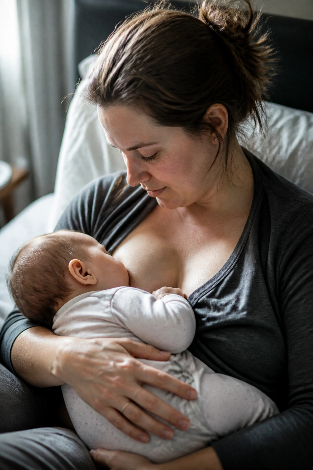 Close-up of a nursing parent with baby at the breast in a softly lit bedroom.