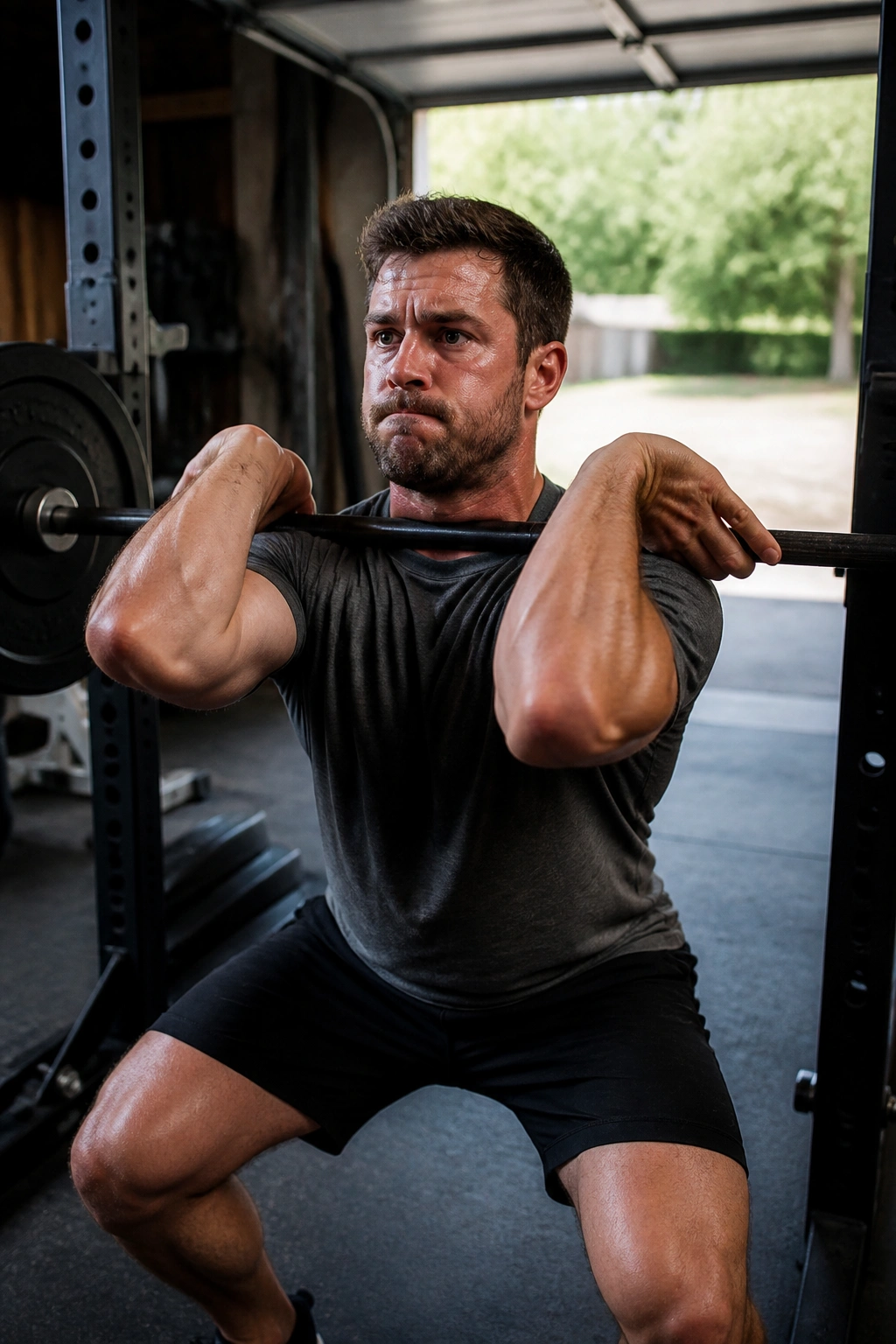 Lifter performing barbell exercise in a garage gym