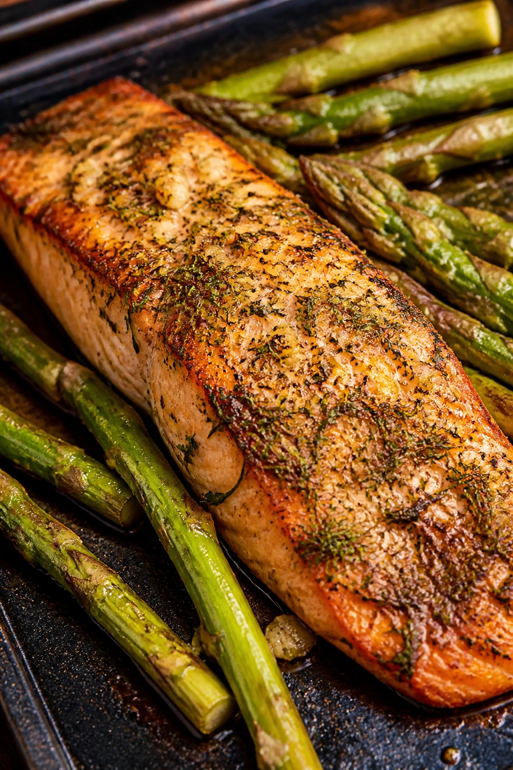 Close-up of garlic dill roasted salmon fillet with asparagus on baking sheet
