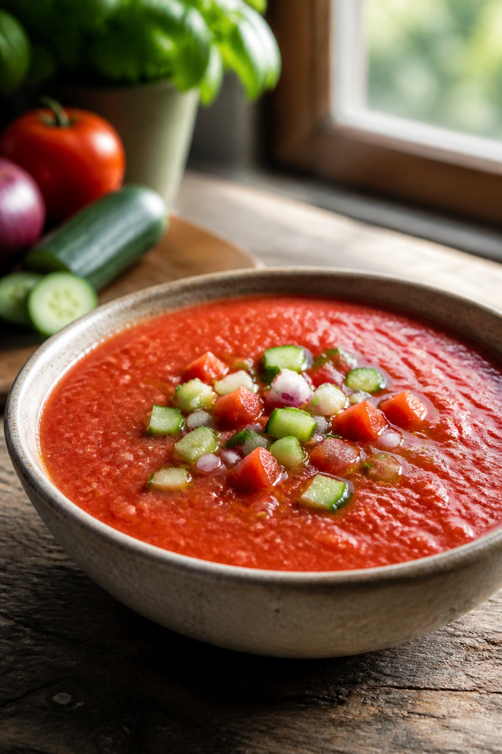 Bright red gazpacho in a ceramic bowl with cucumber dice on top on a wooden table