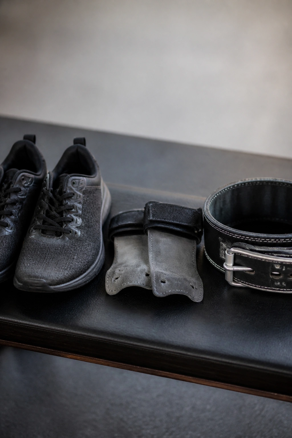 Shoes, grips, and lifting belt neatly arranged on a clean surface