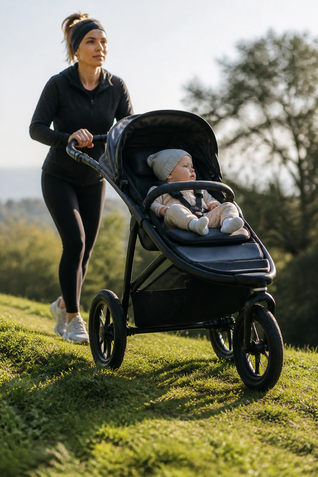 Stroller pushed up a gentle park incline during a workout