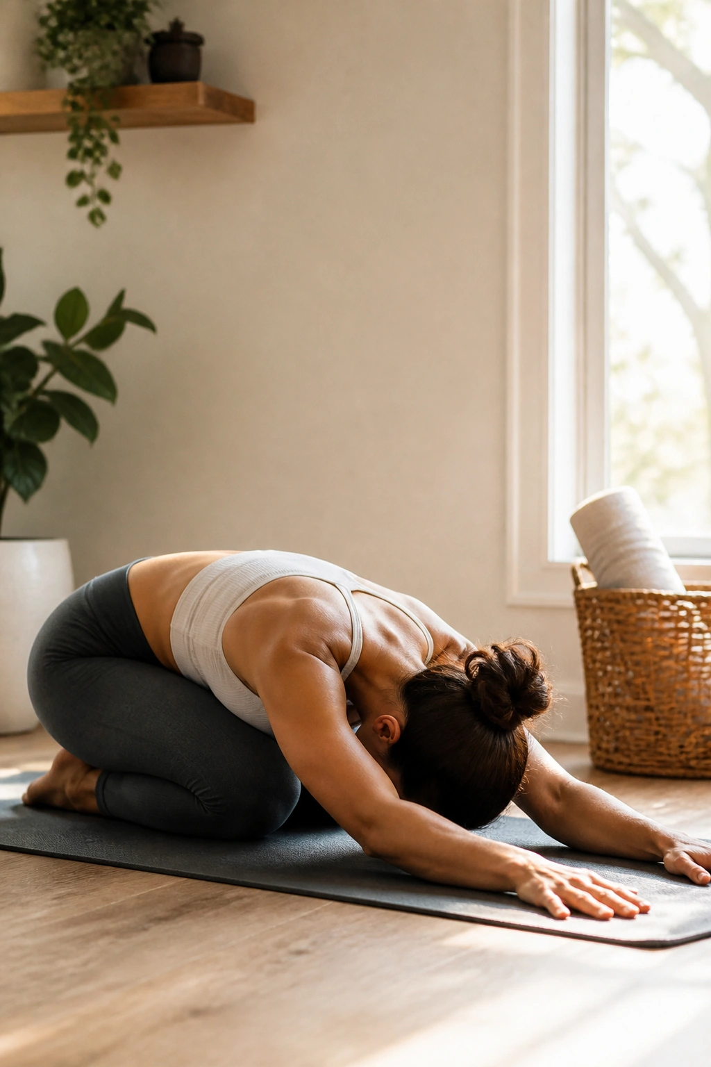 Person on mat performing gentle spinal mobility in a cozy morning room