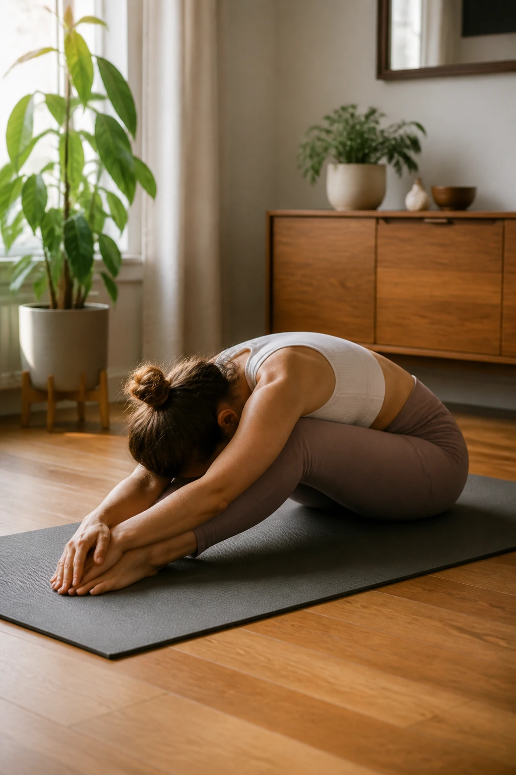 Person seated in a gentle forward fold on a cozy living room yoga mat.