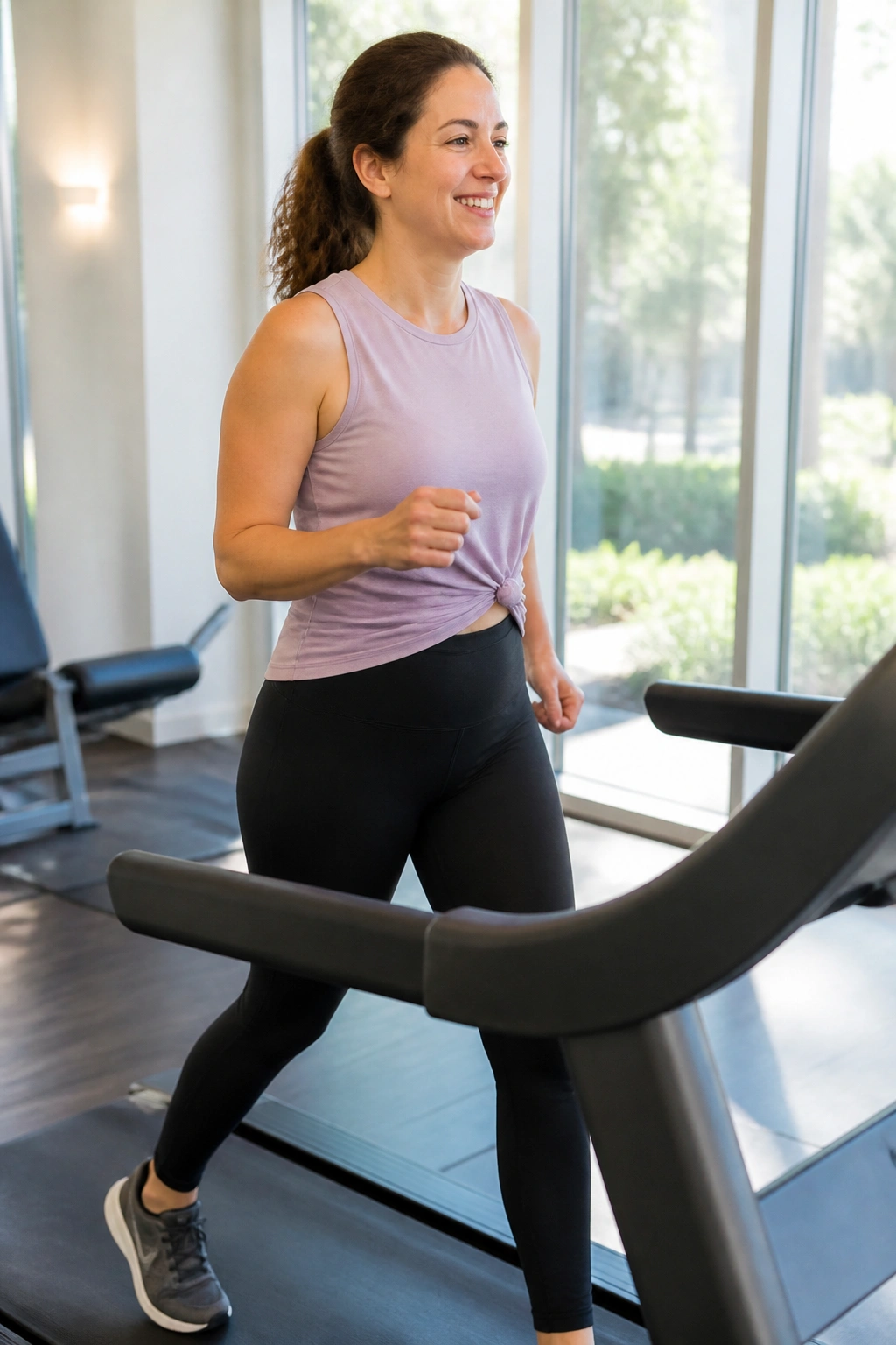 Person walking briskly on a treadmill in a bright gym during lunch break.