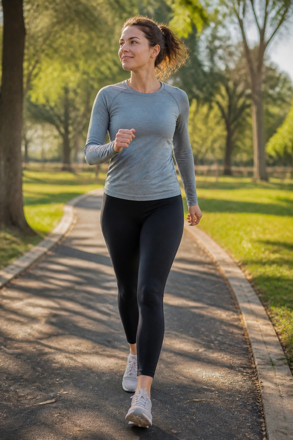 Woman walking on a park path during gentle cardio intervals.